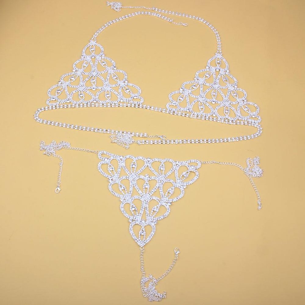 Chain Body Lingerie Set Heart Bling Crystal Bra Thong Jewelry Bikini Underwear - Picture 7 of 7